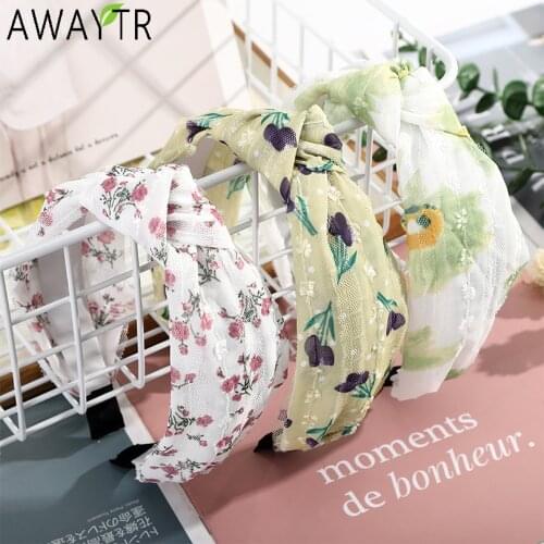 AWAYTR Fashion Print Hair Band for Women Net Yarn Wide Knotted Headband Bezel Girls Hairband Hair Hoop Female Hair Accessories