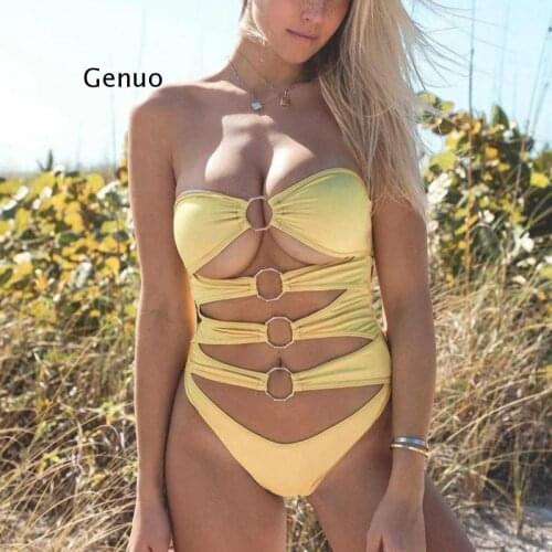 White Ring Swimsuit One Piece Women Hollow Out Bodysuit Solid Color Bathing Suit Female Low-Cut Swimwear High Cut Bikini