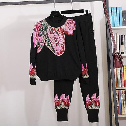 White Black Knitted Set Women Tracksuit Loose Lotus Leaf Sequins Pullover Sweater Pencil Pants Knitting Two Piece Outfits Female