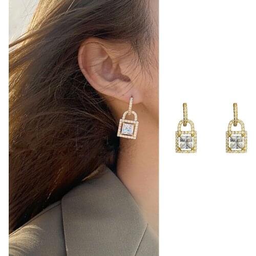 Women Lock Shaped CZ Crystal Drop-Dangle Earrings Elegant Jewelry For Women Lady Jewelry Gift