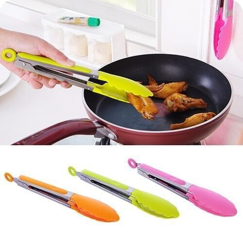 1pc Portable Practical Silicone Cooking Salad Stainless Steel Handle Serving BBQ Tongs Kitchen Utensil Supplies Drop Shipping