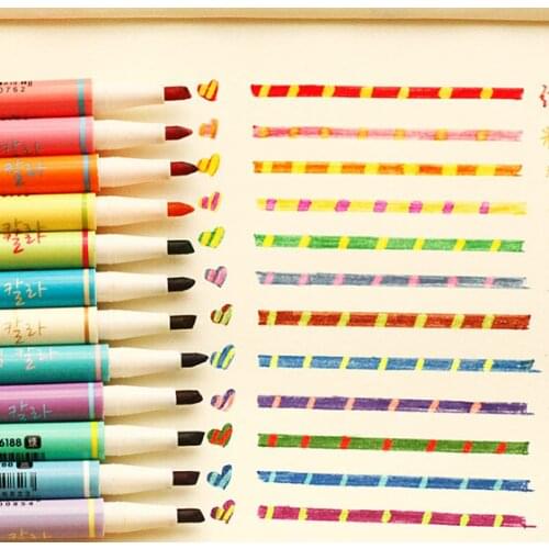 12Pcs Korea Stationery creative double - headed discoloration fine highlighter pen cute tag watercolor mark magic pen