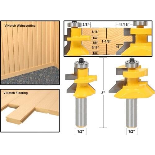 2pcs/lot 1/2 Matched Tongue & Groove V- Notch Router Bit Set Wooden CNC endmill Door Construction