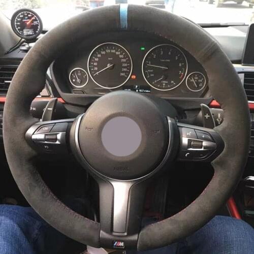 Black Suede Light Blue Marker Steering Wheel Cover for BMW F87 M2 F80 M3 F82 M4 M5 F12 F13 M6 F85 X5 M F86 X6 M F33 F30 M Sport