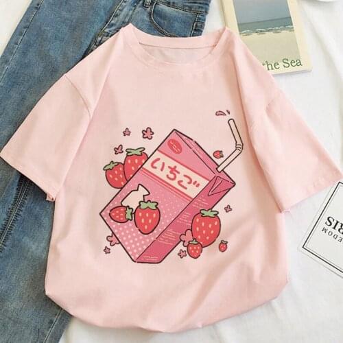Japan Strawberry Juice Graphic T Shirt Women Summer Mens Womens Fashion Cotton T-shirt Kids Hip Hop Tops Tees Girl Camisetas