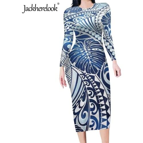 Jackherelook 2020 Polynesian Plumeria Leaves Floral Print Autumn Midi Pencil Dress for Office Ladies Long Sleeve Bodycon Dresses