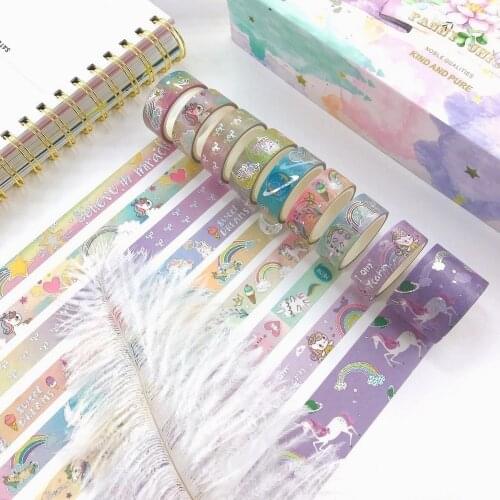 9pcs/set Silver Foil Washi Tape Unicorn Gift Paper Scrapbooking Masking Tape Adhesive Sticker Stationery Deco Tapes