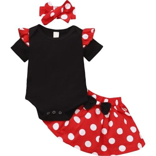 FOCUSNORM 0-18M Lovely Baby Girls Clothes Sets 3pcs Ruffles Short Sleeve Romper Polka Dot Print Bow Skirts Headband