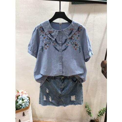 Lamtrip Unique Colorful Thread Floral Embroidery Peter Pan Collar Cotton Linen Short Sleeve Top Blouse Summer T-shirt Mori