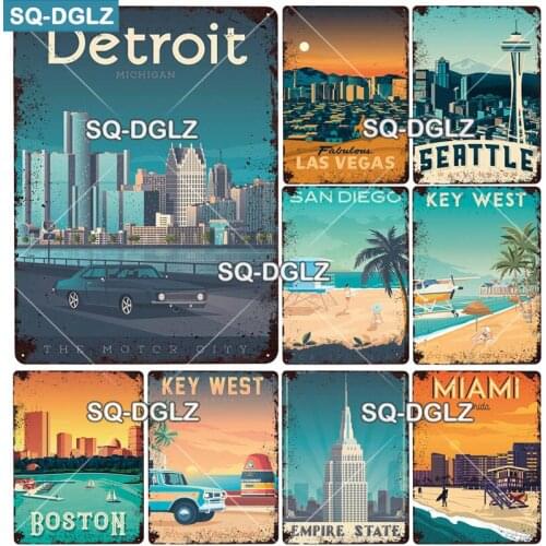 [SQ-DGLZ] Landscape Metal Sign Vintage Metal Plaque Travel Plates Decor For Bar Home Wall Decor Las Vegas Tin Sign Boston Poster