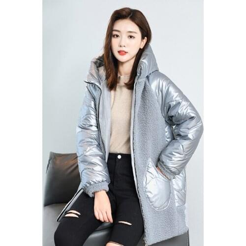 Fashion Shiny Stitching Down Parker Womens Hooded Warm Jacket Winter Cotton Jacket Female Made Fur Lamb Wool Sheep Shearing Coat