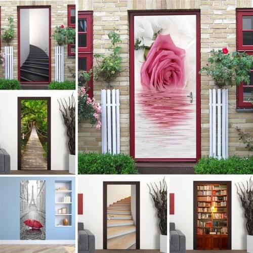 Flower Door Sticker Living Room Decoration Wallpaper for Doors Vinyl DIY Self-adhesive Waterproof Poster Renovation Mural Decals