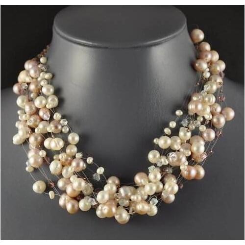 New Arrival 100% Real Pearl Necklace 15 Strand Multicolor Freshwater Pearl Illusion Necklace Handmade Fine Jewelry Women Gift
