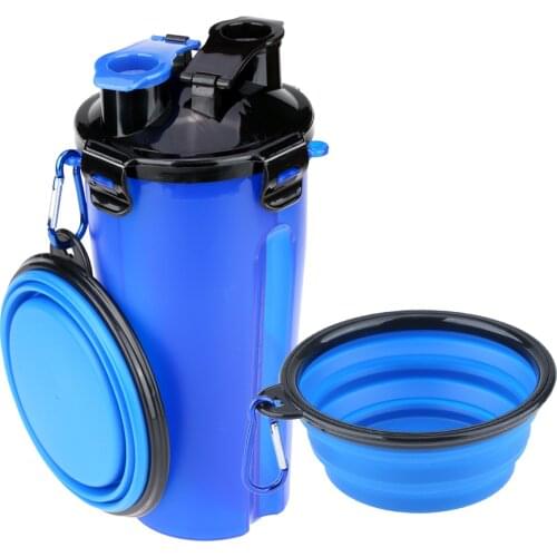 Portable Dog Water Bottle Food Container 2-in-1 with 2 Collapsible Bowls, Outdoor Pet Feeding Dispenser Hiking Travel Accessory