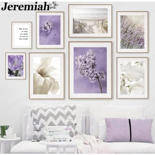 Simple Purple Flower Canvas Poster Beach Sea Lavender Lily Magnolia Painting Wall Art Nordic Aesthetic Home Room Decoration