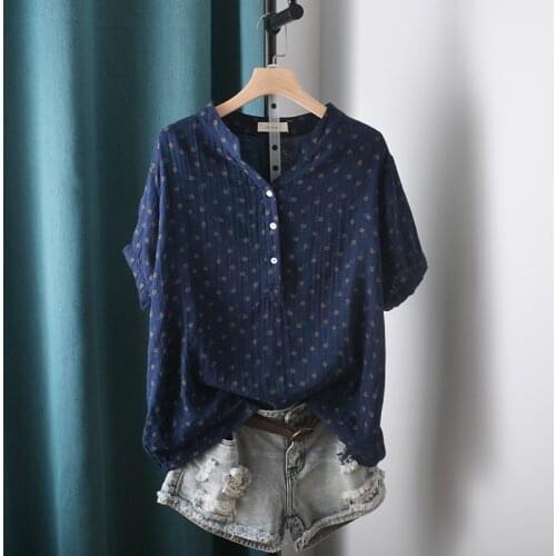 Lamtrip Retro Floral Cherry Print Short Sleeve Cotton Yarn Stand Collar Shirt Blouse Top Mori Girl
