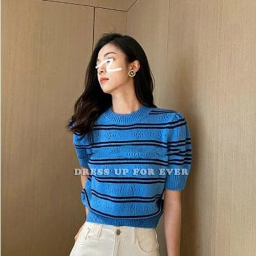 Thin Knitted T Shirt Women Clothes Summer Woman Short Sleeve Korean Fashion Tees Tops Striped Casual Blue Yellow T-Shirt Female
