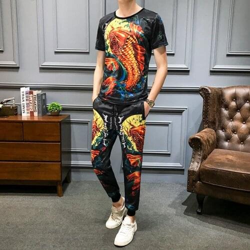 Top And Tracksuit Pants Men Fish Print Short Sleeve T Shirt 2 Piece Set Men Slim Fit Outfits Men Set 2020 Spring High Quality