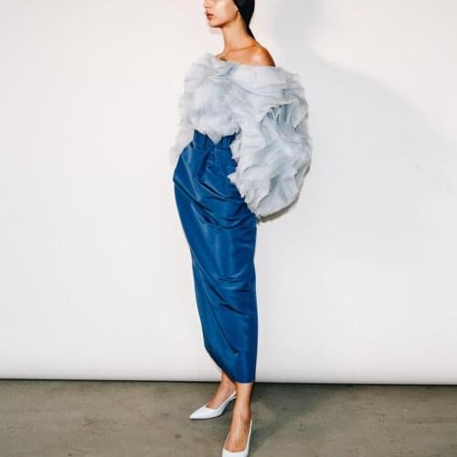 Pearls Tulle Top Fashion Women Top Off-Shoulder Short Blouse Long Sleeve Tulle Crop Top Lush Blue Top Formal Tops Soft Tops