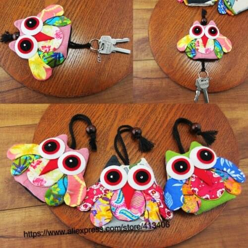 3 pcs Handmade Hmong hippie boho hippie vintage car key holder bag wallets cartoon owl shape cotton sys-1023