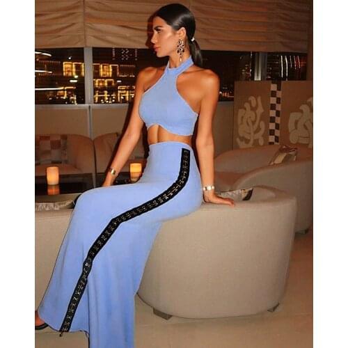 High Quality Light Blue Two Pieces Set Long Rayon Bandage Set Evening Party Set