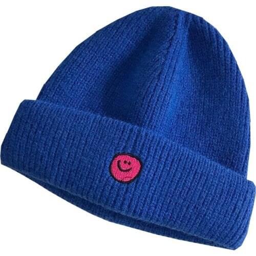 Candy colors Student Korean style embroidered smiley knitted hat Mens and womens wool hat Autumn and winter warm melon hat