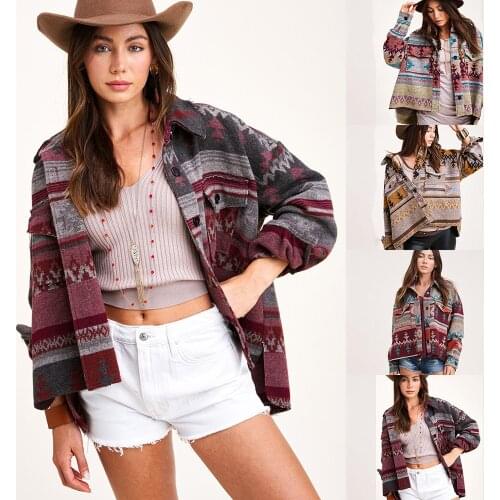 Vintage Jacket Women 2021 New Aztec Retro Ethnic Style Splicing Loose Streetwear Print Woolen Long Sleeves Straight Coat Female