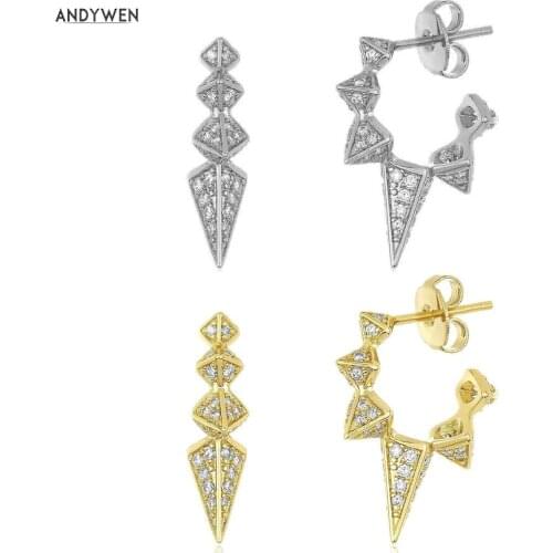 Andywen 100% 925 Sterling Silver Clear Zircon Long Spike Hoops Women Rock Punk Luxury Fashion Women Crystal Jewelry Piercing