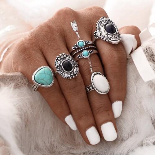Gemstone bohemia ring set for women vintage statement cocktail ring outer banks summer beach jewelry trendy 2021