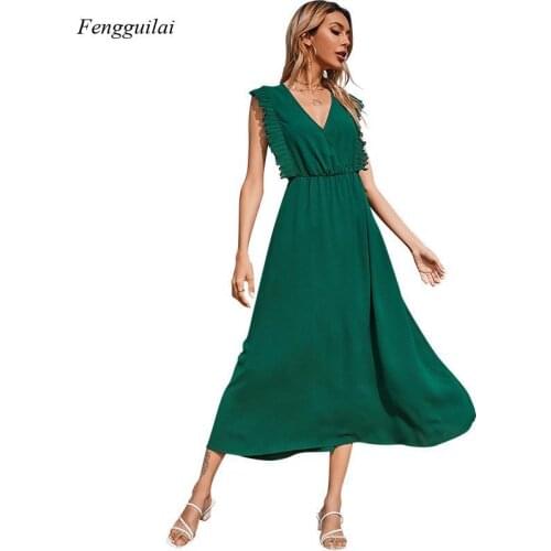 2021 Ladies Dress Solid Color Loose Sleeveless Ruffle Beach Holiday Dress Elegant Woman V-Neck Long Dress