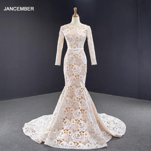J67057 jancember mermaid dresses for women 2020 o neck full sleeve appliques lace long evening dress with train robe de soirée