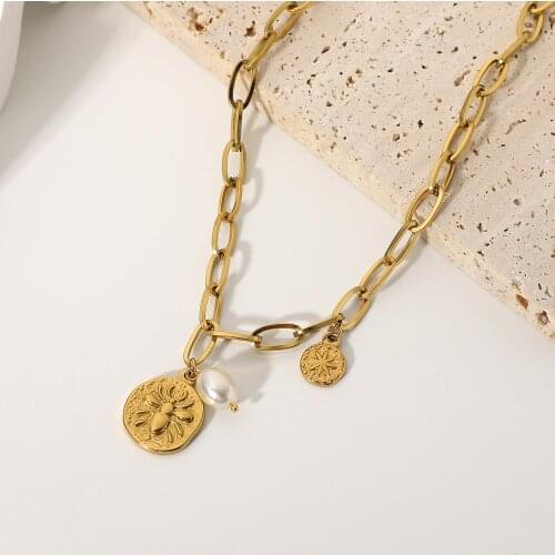 14K Stainless Steel Natural Freshwater Pearl Chain Necklacs Retro Bee Necklaces fashion jewelry for women