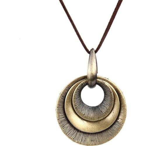 Johnature Wood Metal Necklace Feather Round Pendant Original 2020 National Style Sweater Chain Handmade Women Vintage Necklace