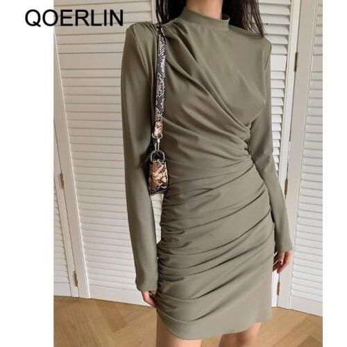 QOERLIN Pleated Stretch Dress Women Turtleneck Long Sleeve Above Knee Black Dress Party Female Plus Size Solid Vestidos Summer