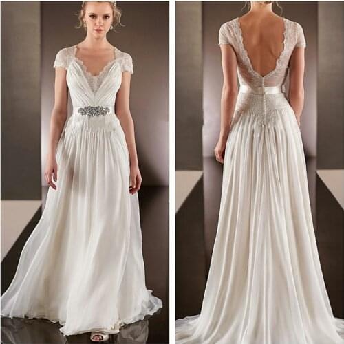 Vestido De Noiva Sexy V-Neck Backless robe de mariee Chiffon bridal Gown Floor Length Sweep Train Vintage bridesmaid dresses
