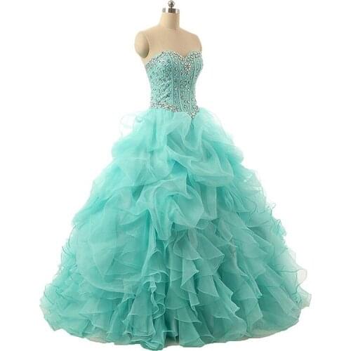 New Strapless Ice Blue Colorful Beading Ball Gown Prom Dresses 2020 Ruffled Organza Plus Size Evening Party Gowns