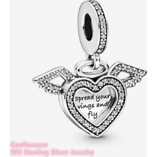 Winter 100% 925 Sterling Silver Heart and Angel Wings Dangle Charm beads Fits Original Pandora bracelets Jewelry Making