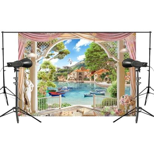 150x220cm Beautiful River House Nature Photography Background European Style Bay Window Backdrop Kids Wedding for camera Photo