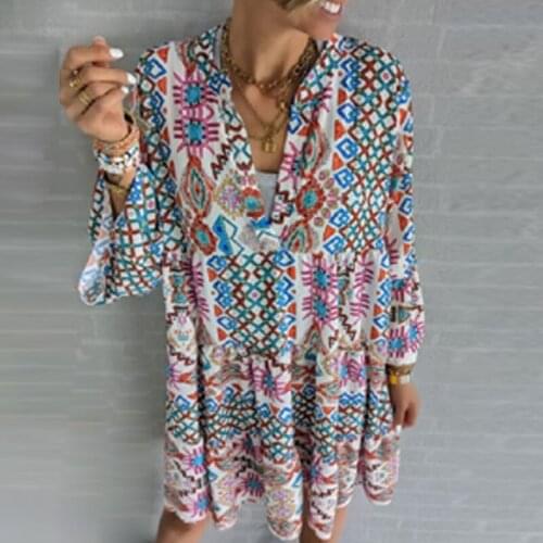 2021 Spring 3/4 Flare Sleeve Women Party Dress Summer V Neck Floral Print A-Line Dress Fashion Loose Mini Short Dresses Vestidos