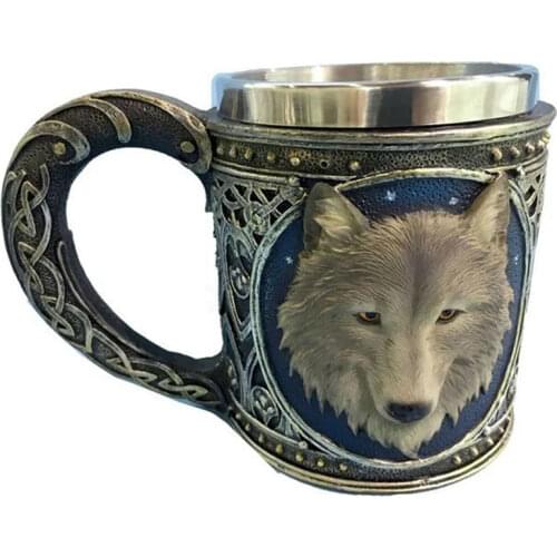 Horror 3D Realistic Wolf King Skull Mugs Double Wall Stainless Steel Animal Wolf Resin Mug Cup Geek Coffee Cup Birthday Gift