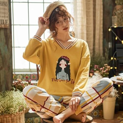 6535 Cotton Heart-Neck Pullover Long Sleeve Trousers Pajama Jammies Winter Autumn Girl Womens Sleepwear Nightwear Pyjamas NLZM