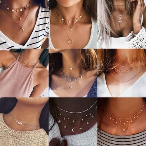 ALIUTOM Fashion Layered Chains Necklace Sets For Women Girl Star Moon Cross Evil Eye Pendant Necklaces Jewelry Wedding Gifts