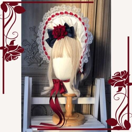 Snow White Handmade Gorgeous Lolita BNT Hat Tie Headband Rose Romance Palace Style Original Design Red Dark Blue