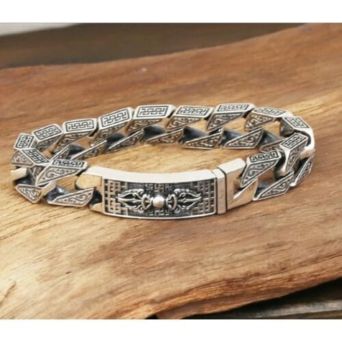 Mens Solid 925 Sterling Silver Thai Vajra sign Link Bracelet bangle Chain Jewelry A4572