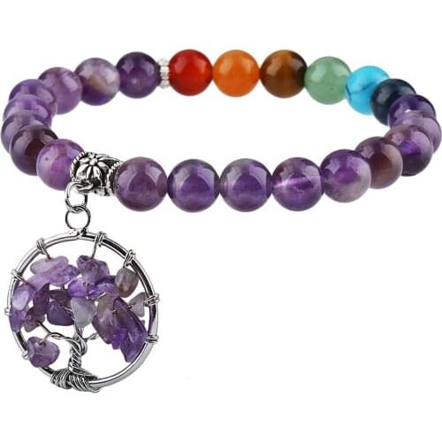SUNYIK 8mm Purple Crystal 7 Chakra Beads Bracelet Tree of Life Dangle Yoga Energy Reiki Healing Jewelry