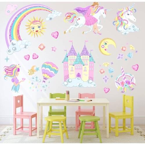 Coloful Rainbow Unicorn Wall Sticker Girls Castle Stickers For DIY Kids Rooms Bedroom Living Room Nursery Wall Decals Home Decor