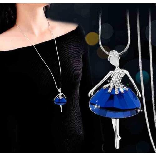 Trendy Ballet Dancer Crystal Pendant Necklace Rhinestone Silver Color Link Chain Long Sweater Necklaces Women Jewelry Gift