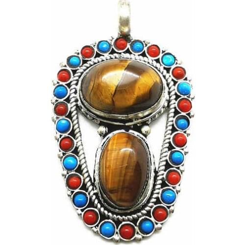 Nepalese Jewelry Copper Inlaid Natural Tiger Eye Big Pendants Vintage Flower Pendant TBP351