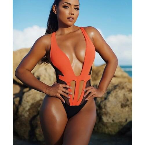 Orange and Black Mesh Cut Out One-Piece Swimsuit Sexy Open Back Lace Up Padded Women Monokini Beach Bathing Suits Swimwear