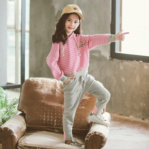 Girls Autumn Clothes Suit 2019 Spring Kids Stripe Hoodies Sweatshirt + Pants 2 Pcs Set Children Sport Clothing Tracksuit P134